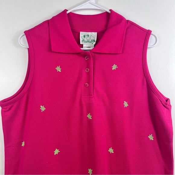 The Quacker Factory New Pink Green Turtle Print Collared Sleeveless Polo Top L - Picture 2 of 10
